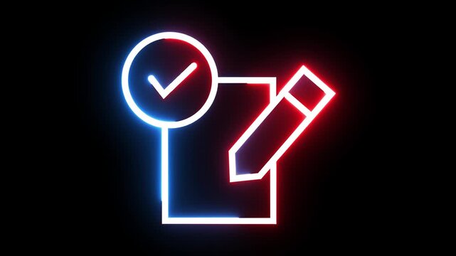 Neon glowing document with checkmark and pencil icon animation on black background footage