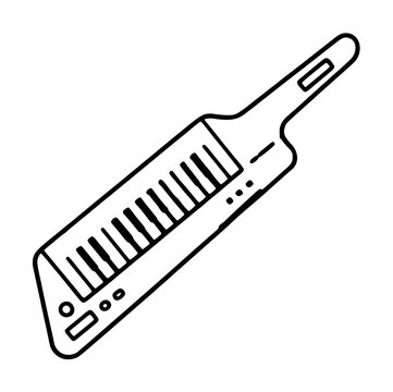Hand traced black and white line art vector illustration of a classic keytar synthesizer with piano style keys, shoulder strap, and circular knobs, isolated on transparent background for retro music