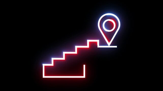 Neon glowing stair path with destination pin marker light animation on black background