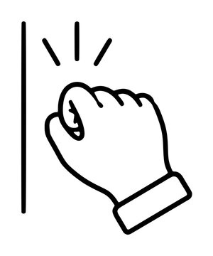 Hand traced vector icon of a clenched fist knocking on a vertical door, with motion lines indicating impact, minimalist black line illustration on white background, symbolic gesture graphic
