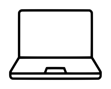 Minimalist black and white hand-drawn vector icon illustration of an open laptop computer with blank screen, simple outline design on white background for digital device concepts