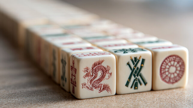 Row of mahjong tiles with carved symbols and dragon piece on a table for game layout background and tabletop design