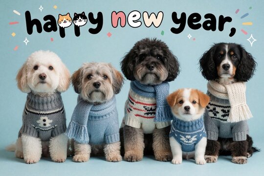 Five dogs wear sweaters and scarves, posing for Happy New Year collage. A young puppy sits with four adult dogs on a blue studio background. They look directly at camera.