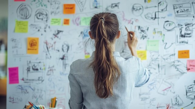 Woman with a ponytail stands in front of a large whiteboard filled with sticky notes and hand-drawn diagrams while working on a creative project.