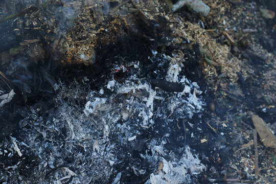 burned wood, ashes and smoke