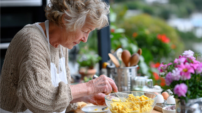 Elderly woman mixing cake batter at home in a bright kitchen window preparing baking ingredients and demonstrating traditional homemaking skills for senior cooking classes
