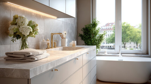Bright modern bathroom countertop with gold fixtures, marble surface and neatly folded towels for interior design background and serene spa decor