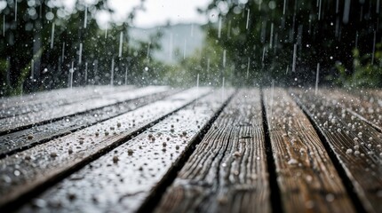 Naklejka premium Small hailstones and rain fall on weathered wooden deck. Intense summer storm causes natural ice pellets to accumulate on outdoor surface. Heavy precipitation hits garden.