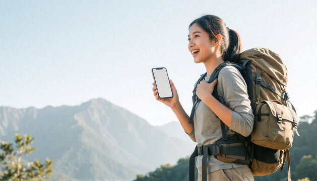 Happy Asian female hiker holding smartphone with blank white screen mockup at mountain peak for travel app, navigation, and outdoor connectivity concept