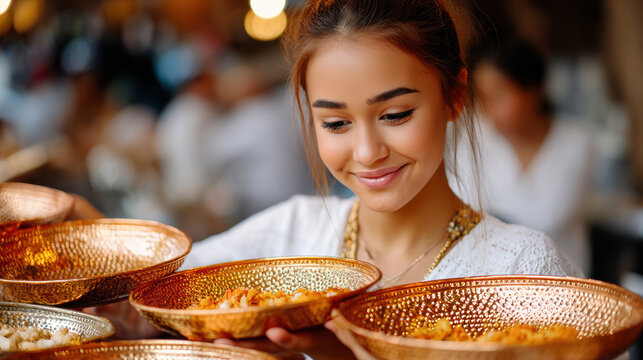 Young woman selecting hammered copper bowls at damascus souq stall for travel lifestyle banner and cultural market background