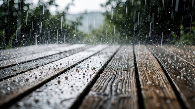 Small hailstones and rain fall on weathered wooden deck. Intense summer storm causes natural ice pellets to accumulate on outdoor surface. Heavy precipitation hits garden.