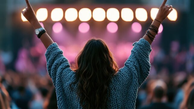 Woman with long wavy brown hair enjoying a live concert from behind the stage
