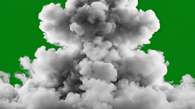 White smoke effect rolling on green screen fog gas steam concept. Realistic white smoke cloud on green background for video effects and animation overlays