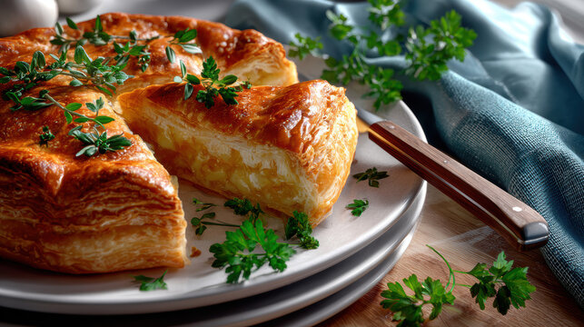 Whole galette des rois with a cut wedge and fresh herb garnish on serving platter overhead for festive epiphany celebration and bakery display
