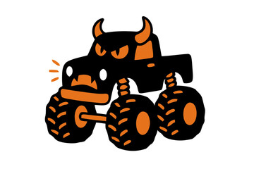 A stylized cartoon monster truck with devil horns and angry eyes isolated on a white background for graphic design © MD. MAMUNAR RASHID