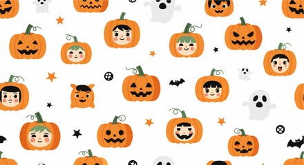 Fototapeta premium Cute Halloween Seamless Pattern With Pumpkins And Ghosts