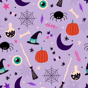 Playful halloween pattern with spooky elements like pumpkins spiders and eyeballs on a lilac background