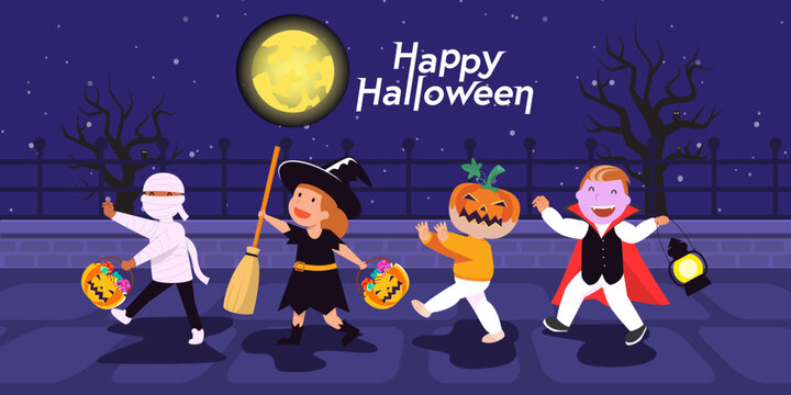 Happy Halloween illustration with children trick or treating under a full moon and spooky trees