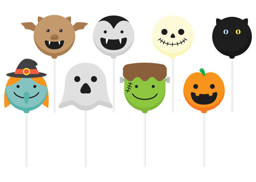 Colorful halloween character lollipop set on white background for festive celebrations