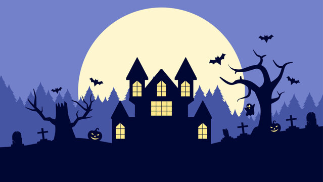 Spooky haunted castle silhouette against a full moon and dark forest background