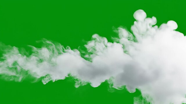 White smoke effect rolling on green screen fog gas steam concept. White smoke or vapor cloud on vibrant green background for design and effects