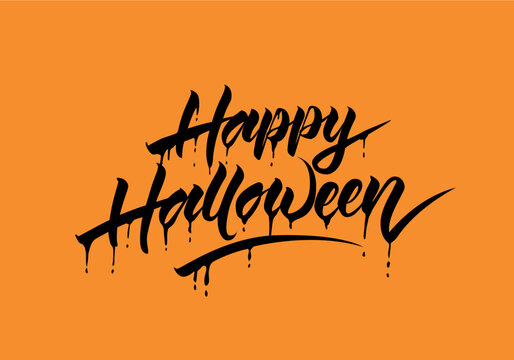Happy Halloween calligraphy lettering design on a vibrant orange background for festive celebrations