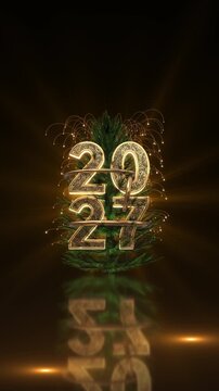 Luxury 2027 numerals with engraved gold patterns stand before an evergreen tree framed by flowing rings and firework arcs. Perfect for Christmas cards, New Year intros and seasonal promotions for web.