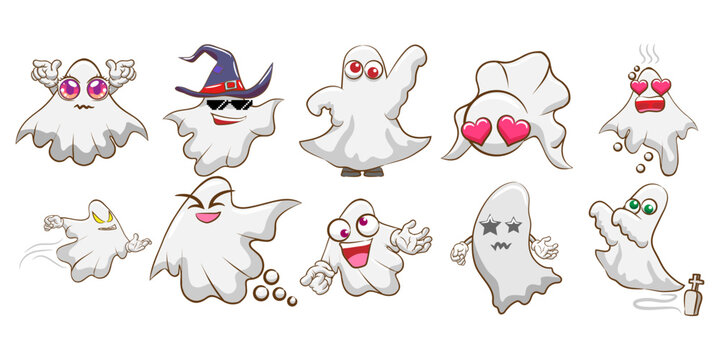 Cute cartoon ghosts set with various expressions and accessories on a white background