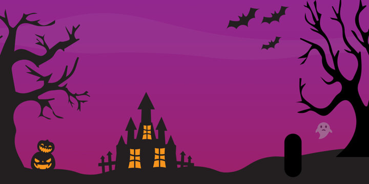 Halloween scene with spooky castle bats bare trees and jackolanterns in vector illustration