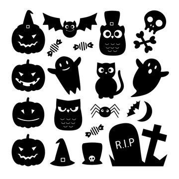 Black halloween silhouettes of pumpkins bats ghosts and skulls on a white background