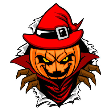 Cartoon pumpkin head witch with red hat bursting through a ripped background vector illustration