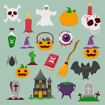 Colorful halloween vector illustration set with skull ghost pumpkin and spooky elements