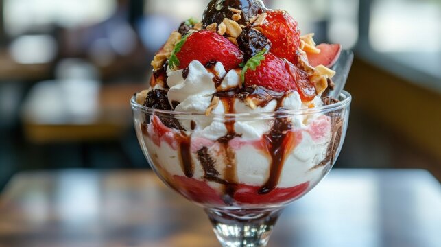 Strawberry sundae in a glass goblet is topped with whipped cream, chocolate drizzle, and fresh berries on a cafe table.