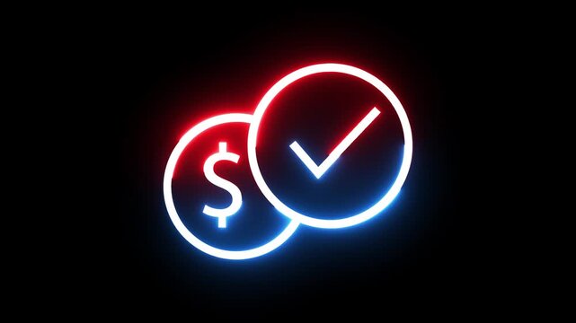 Neon dollar coin and check mark symbol pulsating on black background motion video clip