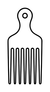 Hand-drawn black hair pick comb vector icon illustration with rounded handle, single hanging hole, and long parallel teeth outlined on white background