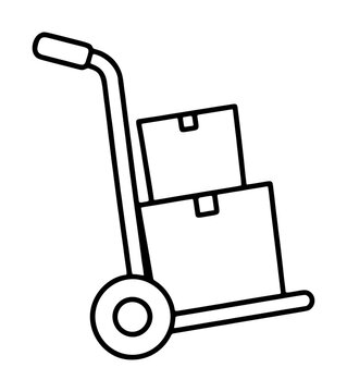 Hand-traced black outline vector illustration of a classic hand truck dolly loaded with two stacked cardboard shipping boxes, minimalist line art icon for delivery and logistics