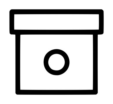 Hand-drawn archive storage box outline vector icon illustration featuring bold black strokes, minimalist line art depicting a rectangular container with a centered circular hole for finger grip,
