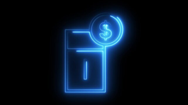 Blue neon bill icon with dollar coin symbol glowing on black background for finance theme