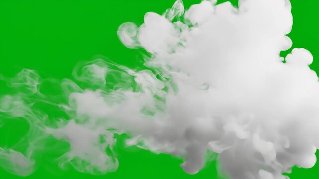 White smoke effect rolling on green screen fog gas steam concept. White smoke or vapor cloud against a bright green background with swirling patterns and texture