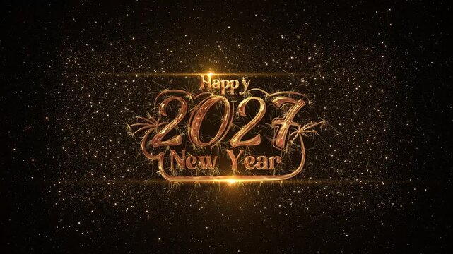 Golden 2027 numbers and New Year text glow within a decorative firework border across a dense starry background. Perfect for luxury cards, event openers, holiday screens and social advertising online.