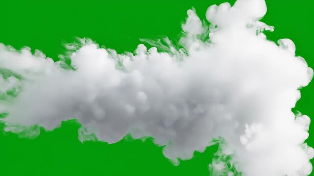White smoke effect rolling on green screen fog gas steam concept. White smoke or vapor cloud on bright green background for environmental or industrial concept