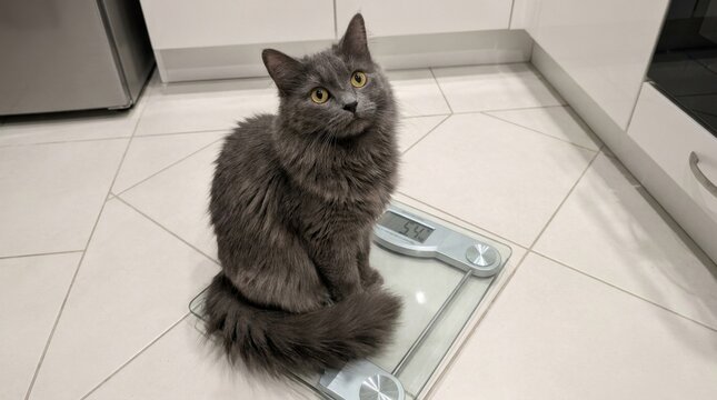 Fluffy grey cat sitting on a digital scale in a kitchen.
