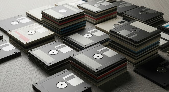 Multiple stacks of old floppy disks arranged neatly on a wooden surface.