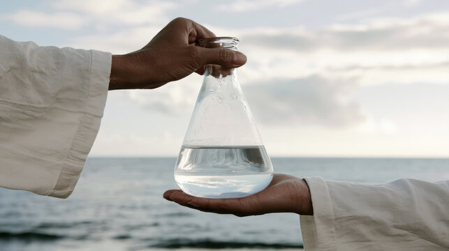 Hands exchange a glass flask with water at the beach during evening hours with the ocean in the background