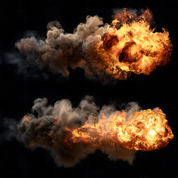 Fiery Explosion with Burning Flames and Billowing Smoke on Dark Background