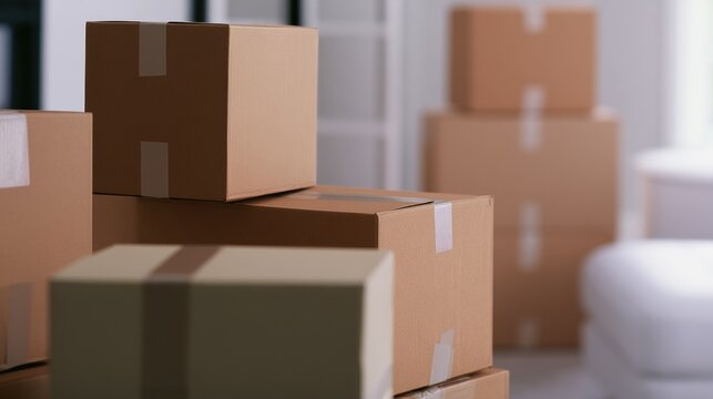 Several cardboard boxes are stacked in a bright room during daytime
