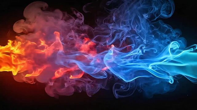 Vibrant orange and blue ink clouds collide in dark liquid space