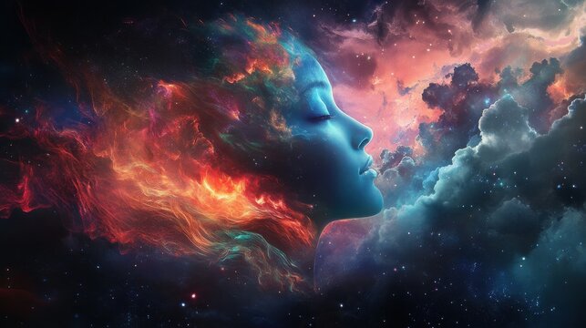 Female profile with closed eyes merges seamlessly into a dual-toned nebula of red and blue cosmic clouds.