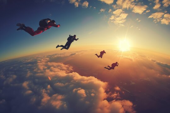Skydiver with parachute makes heavenly adventure against on nature landscape