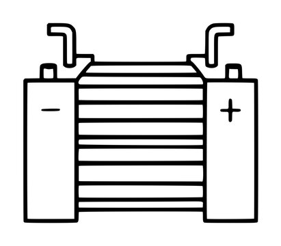 Hand traced black and white vector icon of a fuel cell stack with hydrogen connectors plus minus terminals scientific illustration